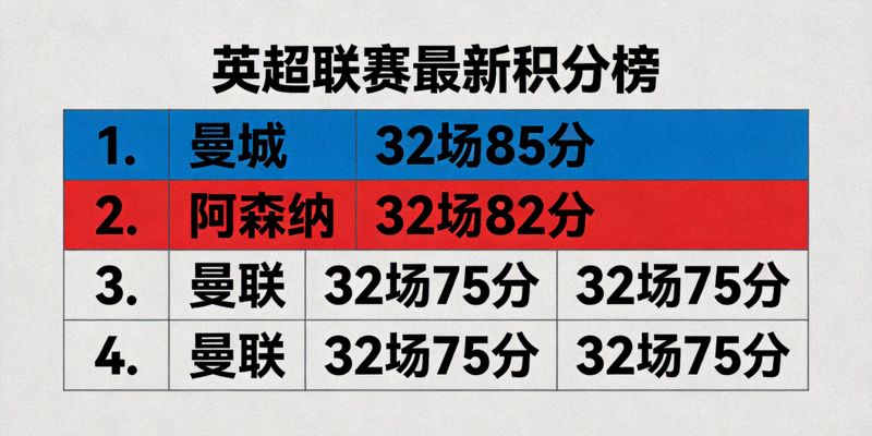 英超联赛最新积分榜曼城领先阿森纳位居榜首